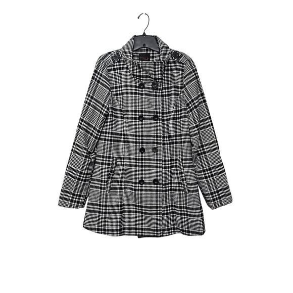 Yoki Plaid Womens Pea Coat Black White Double Breasted Wool Blend Size Large - Picture 3 of 9